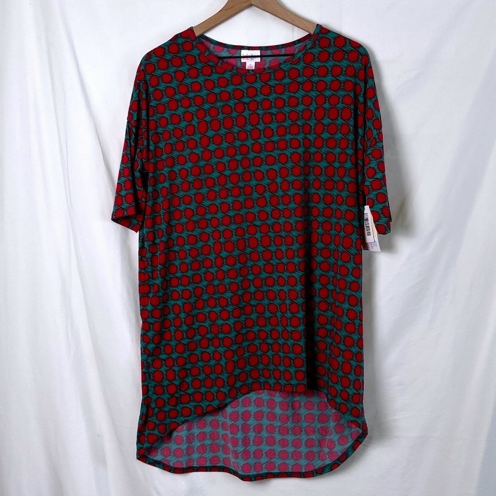 NWT LuLaRoe Women Irma Tunic Top Size S Red Green Polka Dot Oversized Casual